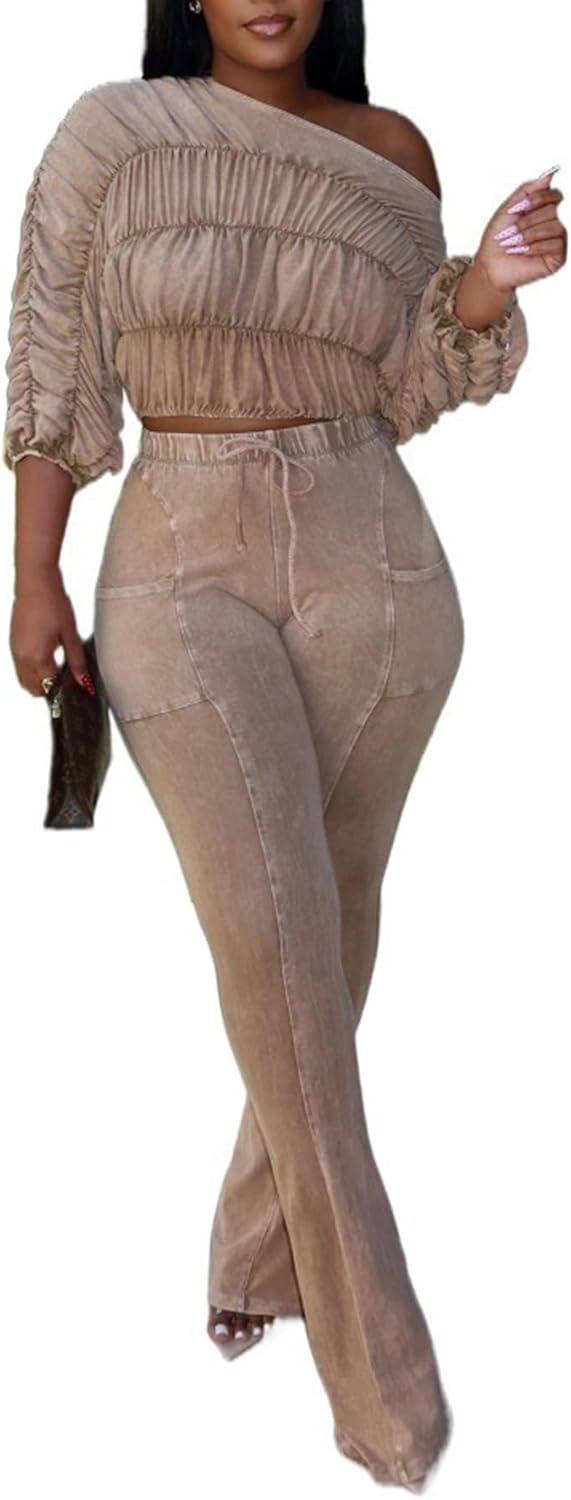 Ecirod Womens Sexy Casual Set 2 Piece Outfits Elasticity Ruched Crop Top and Slim Fit Flare Pants Sweatsuits Set
