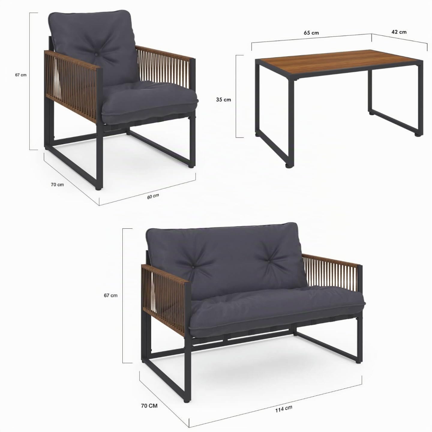 IDMarket - Salon de Jardin Bas Rio 4 Places Structure métal Gris Anthracite, Cordage rotin et Coussins Gris