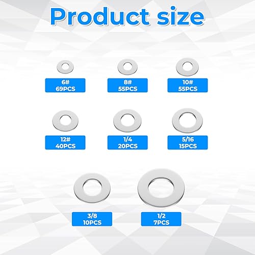Miniatura 3 de Juego surtido de 520 arandelas de guardabarros, 23 tamaños SAE + arandelas planas métricas, arandelas de acero inoxidable 304 para tornillos y