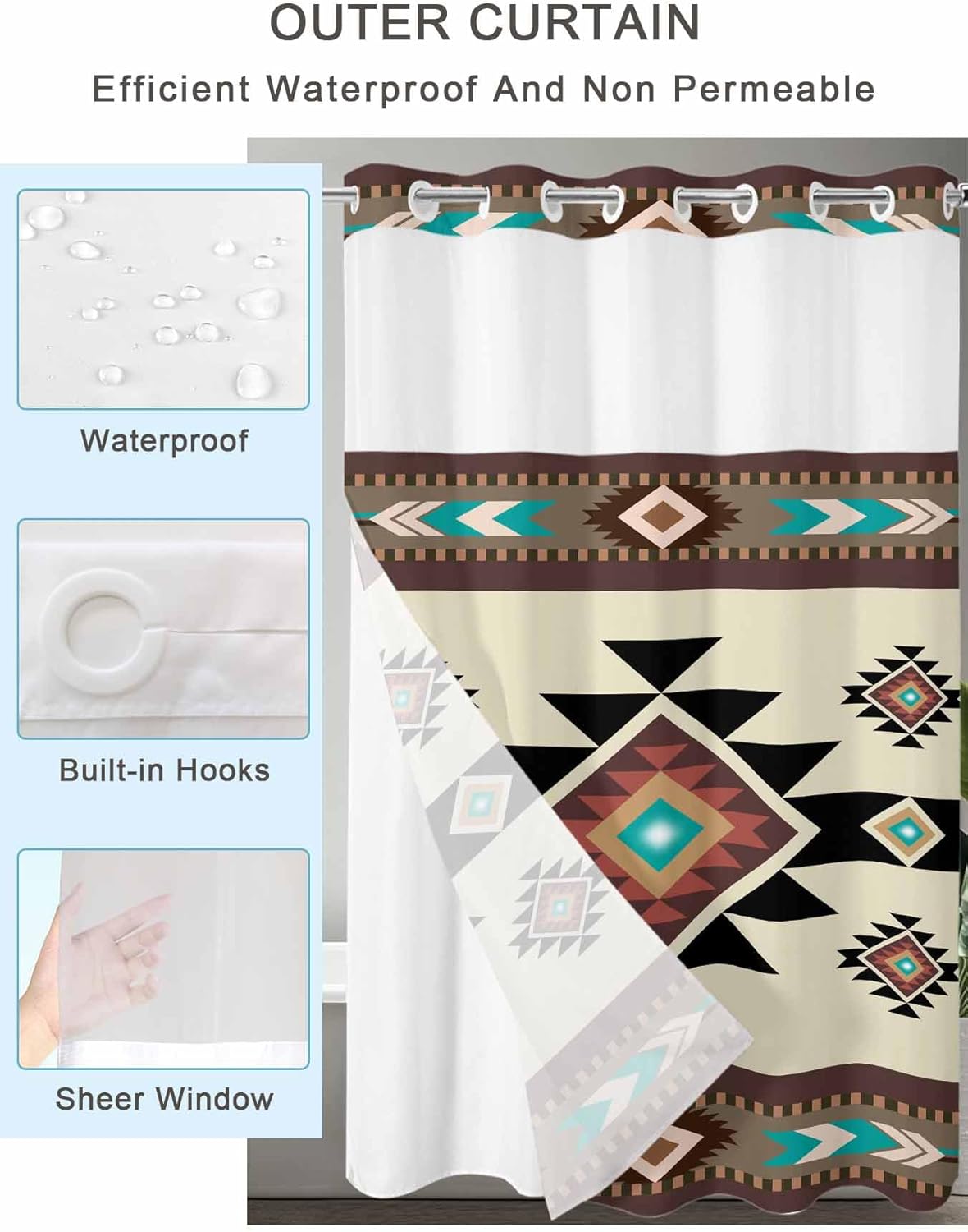 No Hook Shower Curtains, Brown Teal Southwest Small Shower Curtains with Snap in Liner, Western Geometric Abstract Ethnic Waterproof Washable Fabric Bathroom Shower Curtain Sets, 36" x 78"
