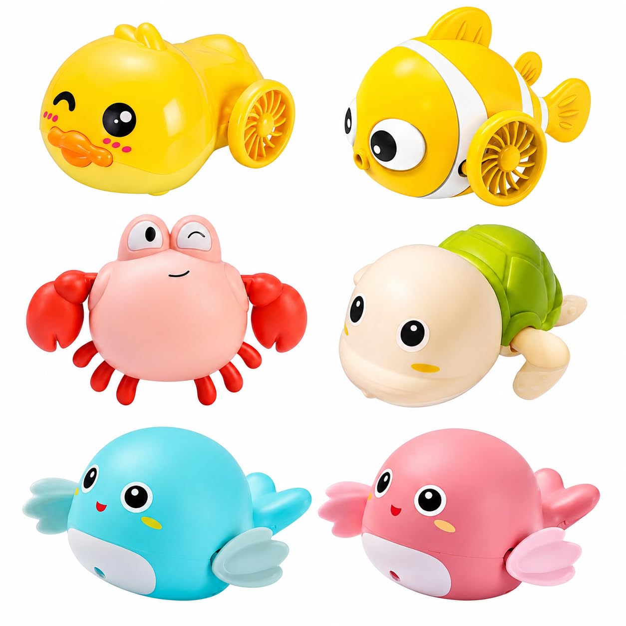 AURALIN Bath Wind Up Toys 6 Pack, Floating Clockwork Animal Water Toys with Duck Fish Crab Turtle Whale Designs, Battery-Free Bathtub Shower and Paddling Pool Play Set, PP, Multicolour โ image 1
