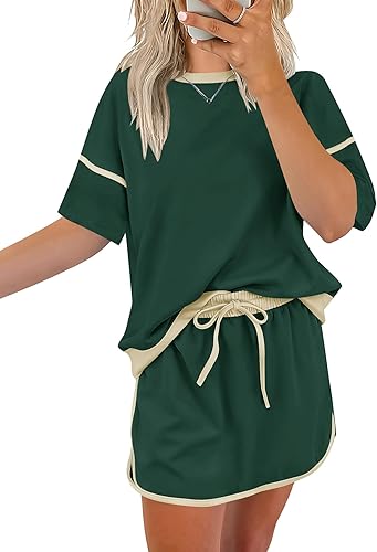 Rapbin Conjunto casual de 2 piezas para mujer, camiseta y pantalón con hombros caídos en bloques de color, conjunto deportivo de verano