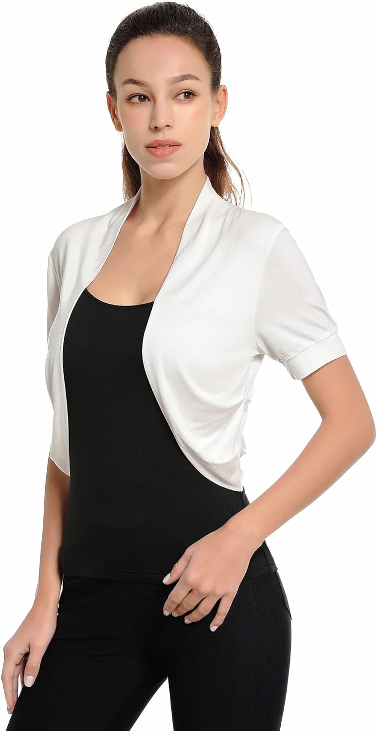 AmélieBoutik Women Short Sleeve Bolero Shrug Open Front Pleated Sides Cropped Cardigan for Dress Casual - Image 4