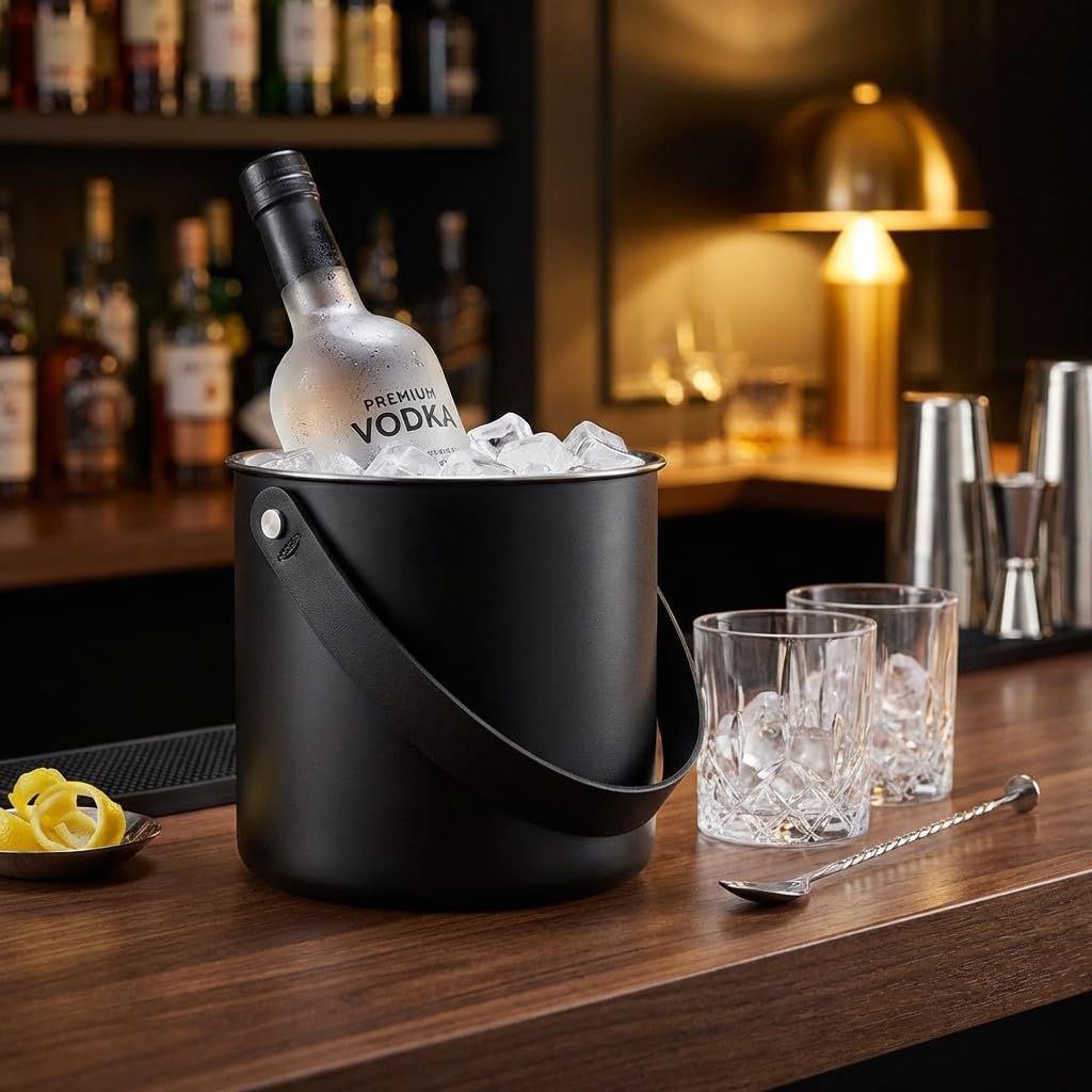 Suinga Cubitera inoxidable moon black 1,5 L con asas de cuero | Cubitera acero inox elegante 1,5 litros para enfriar bebidas