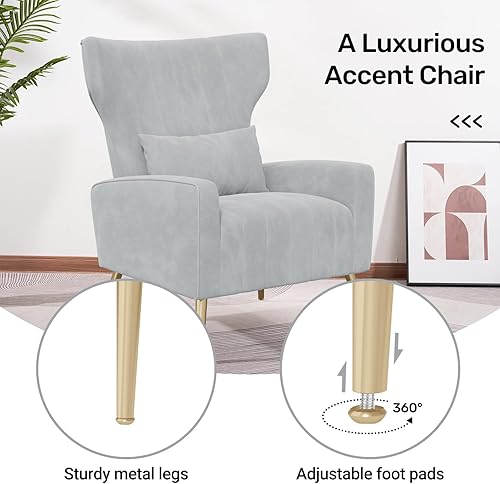 Miniatura 6 de Juego de 2 Sillas de Acento de Terciopelo Wingback para Sala de Estar, Silla de Brazos de Respaldo Alto con Patas Doradas y Almohada Lumbar, Sofá