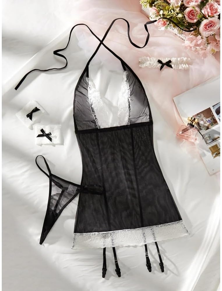Fashion New Maid Pajamas Hot Lace Splicing Mesh See-Through Erotic Lingerie Four-Piece Set