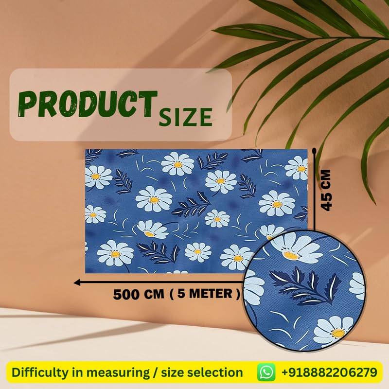 Image of Anti-Slip Kitchen Shelf Liner - 5 Meter Roll, Waterproof Multipurpose Mat for Fridge, Cabinet, Drawer, Trolley & Bathroom - Easy to Cut Floral Blue Print (Yellow)