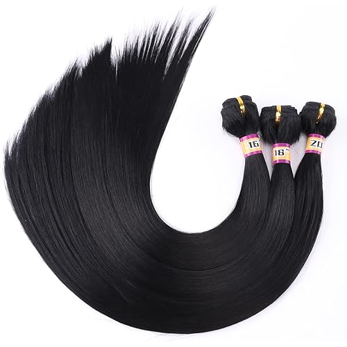 Synthetic Straight Hair Weave 3 Bundles 16 18 20 Inches Mixed Color 1B Heat Resistant Fiber (Black, 70g/bundle, 3bundles/pack)