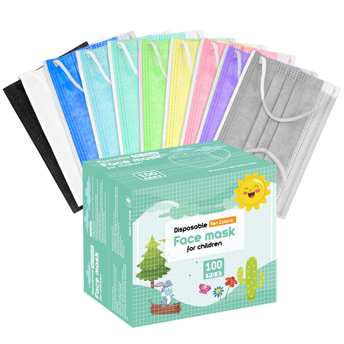 HIWUP 100Pcs Ten Colors Kids Disposable Face Masks for Childrens PFE 99% Face Mask Ages 4-12, Kids-multicolor