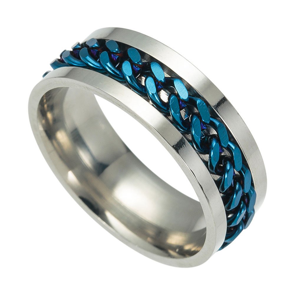 JAJAFOOK 8MM 316L Stainless Steel Rings for Men Blue Spinner Chain Design Comfort Fit Ring Band