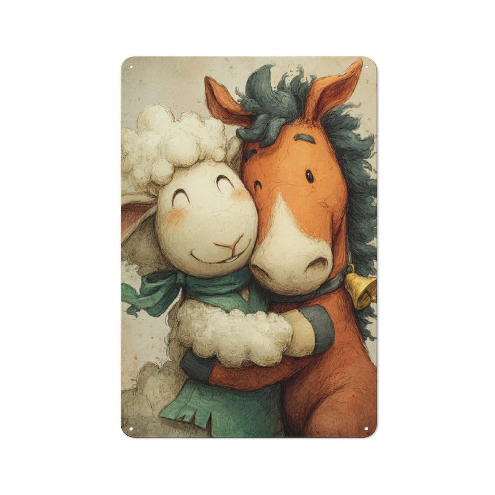 Junmoney Horse And Sheep Embrace Tin Wall Plaque 30X20cm With For Pub Or Café, A Decorative Christmas Gift For Hospitality Wall Decor Collectors