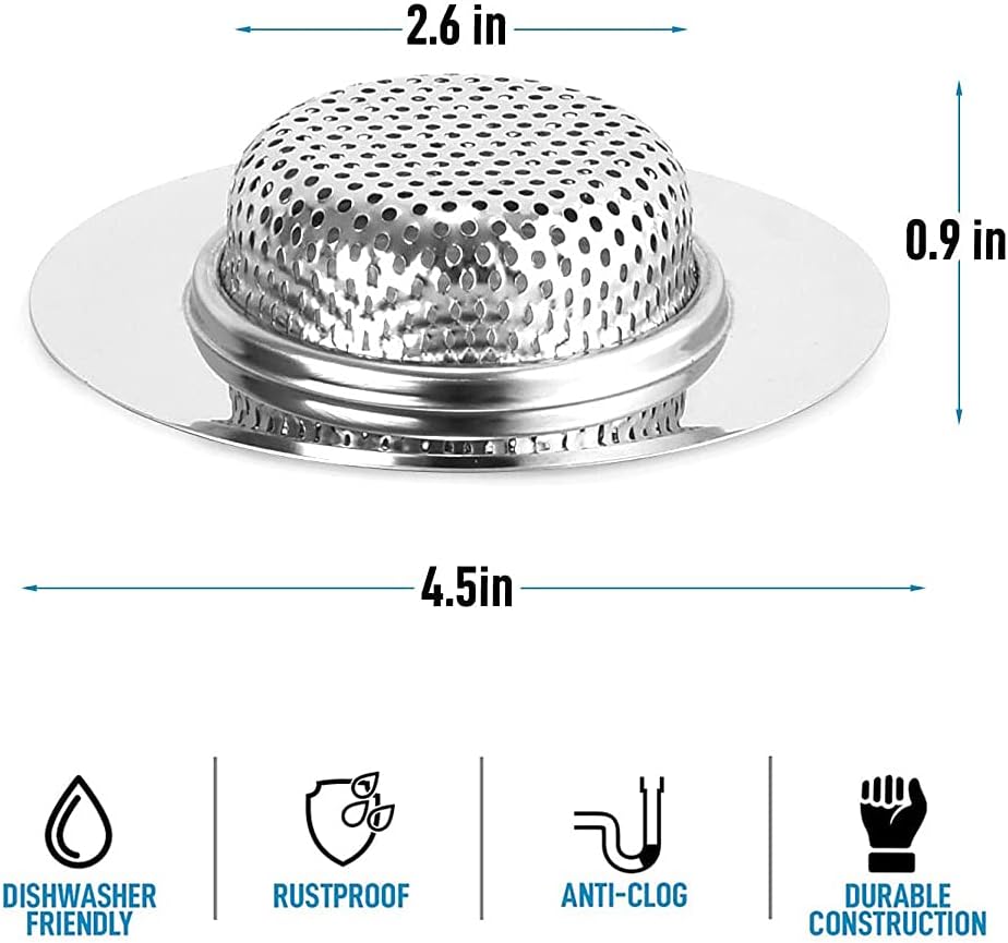 QYHOO 2 PCS Kitchen Sink Strainer Stainless Steel, 4.5 inch Diameter Anti-Clogging Drain Hair Catcher Mesh Catcher for Kitchen, Bathroom, Balcony, Floor Drain