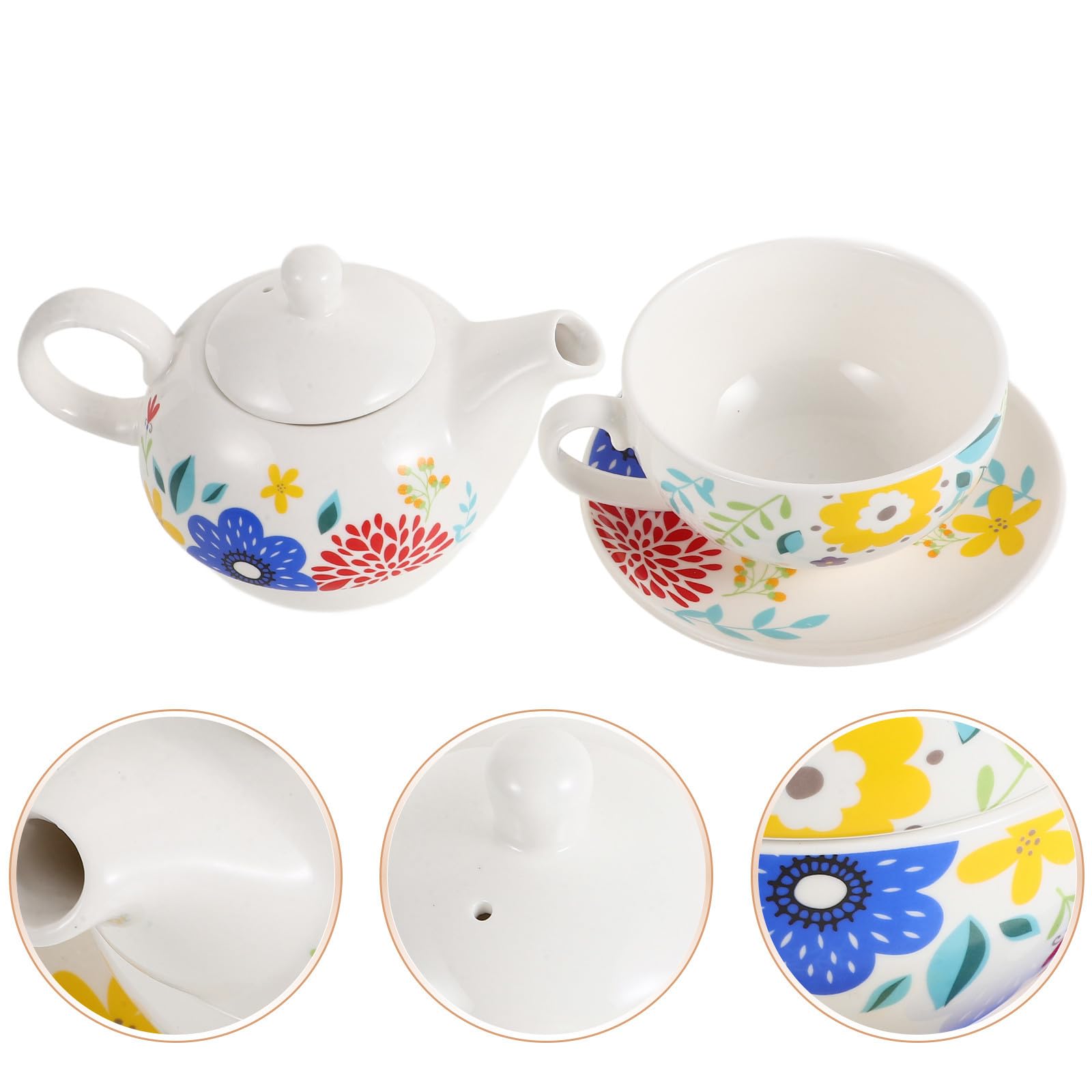 Juego de Té Portátil de Cerámica con Tetera de 480 Ml | Incluye Taza de 350ml y Platillo, Estilo Retro Clásico con Superficie Brillante y Delicada