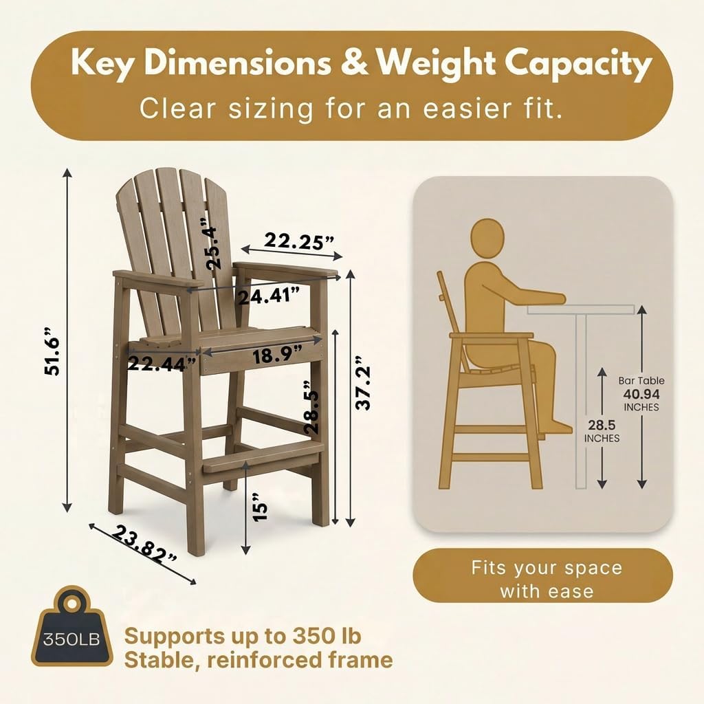 Tall Adirondack Chair, Outdoor Bar Height Barstools Chairs with Cup Holder, All-Weather Outdoor Patio Bar Lifeguard Chair with Armrests for Poolside, Garden (Antique Brown)