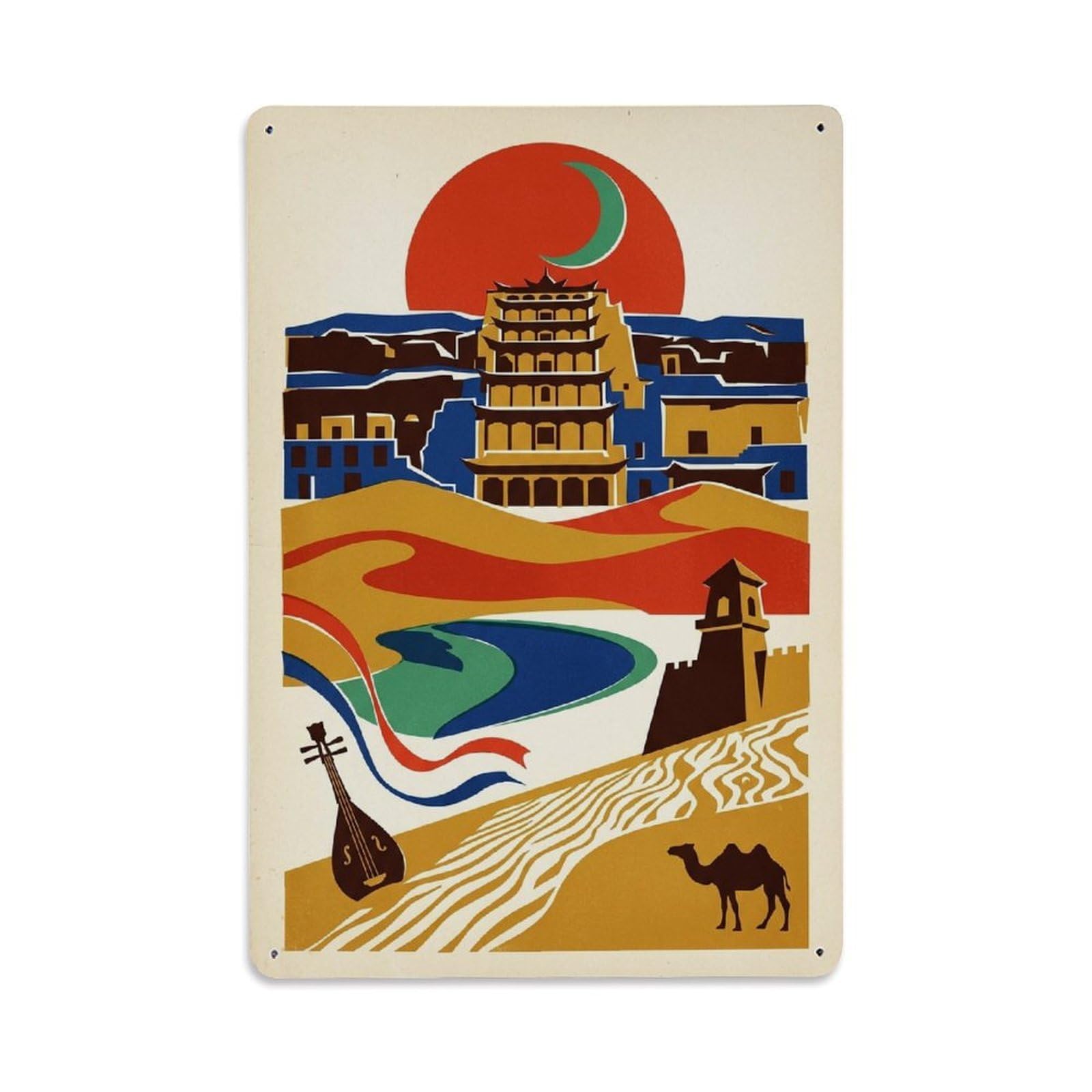 Okngb Style Dunhuang Chinese Travel Aesthetic Landmark Cityscape Metal Tin Sign Plaque Wall Decor For Cafe, Man Cave, Club Bar, Office, Home Garden Round Metal Poster 8X12inch