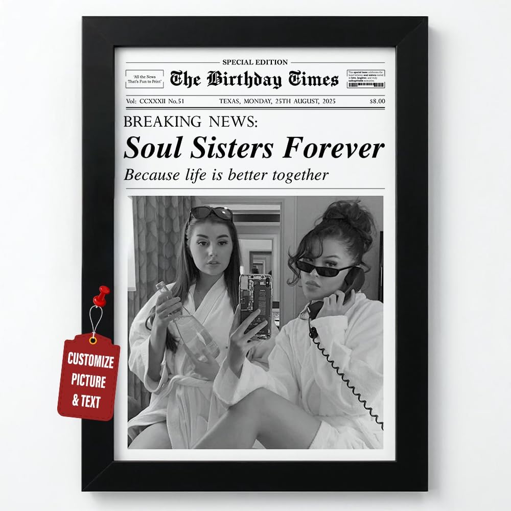 Personalized Birthday Newspaper Trendy Vintage Poster, Birthday Magazine Wall Art, Upload Your Photo & Name, Gifts for Friends Soul Sister Bestie, Retro Canvas Hanging Wall Decor (STYLE-04)