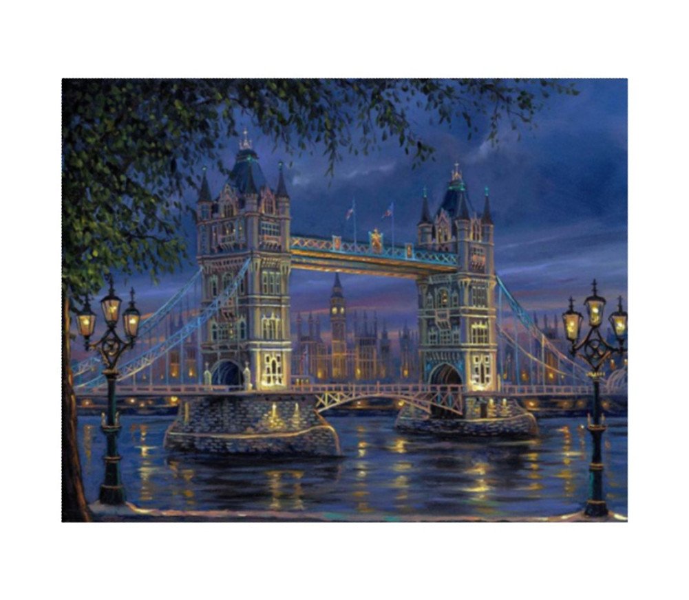 Wowdecor White Paint By Numbers Kits For Adults Kids, Number Painting - London Tower Bridge Night View 16X20 Inch (Framed)