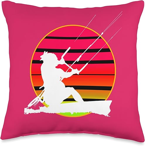 Retro Style Kitesurfer Riding A Wave White Silhouette Throw Pillow, 16x16, Multicolor