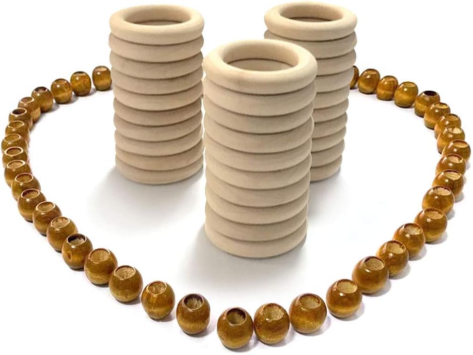 SUNTQ Macrame Craft Sets 80pcs-Assorted Macrame 50PCS Wooden Beads and 30PCS Wood Rings Set for DIY Crafts and Macrame( Coffee Color Beads)