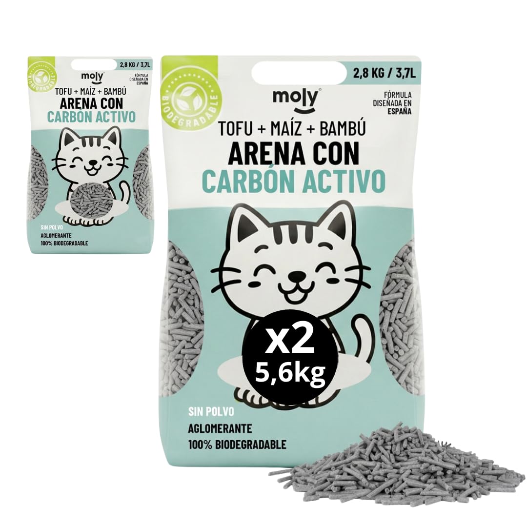 MOLY x2 Arena para Gatos Carbón Activo Biodegradable 5,6 KG 7,4 L | Arena Ecológica Vegetal de Bambú y Maíz Aglomerante | Alta Absorción y Bajo Polvo | Lecho Natural Compostable | Control de Olores