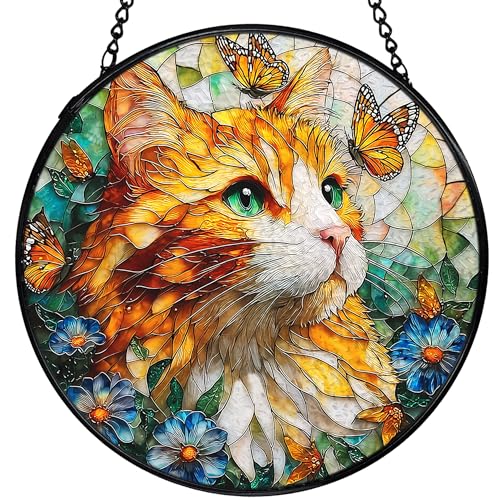 XFCICRLJ Cat Flower Suncatcher Stained Glass Window Hanging, Butterfly Floral Orange Cat Sun Catchers Indoor Window Glass Wall Art Decor, Kitten Floral Wall Hanging Decor, 7.9x7.9 Inch 035-MH-BLGH