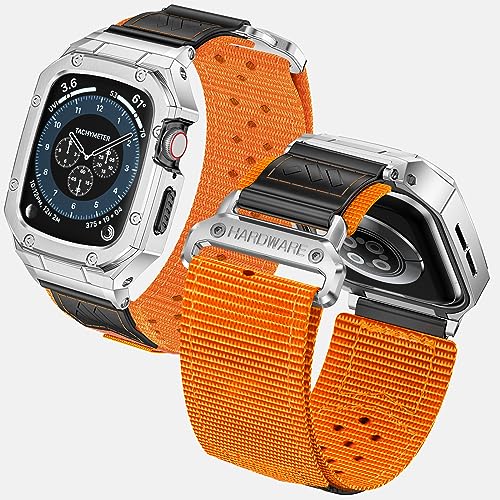 Image of BAITEYOU Band with Case Compatible with Apple Watch Band Series 9 8 7 (41mm) 6 5 4 SE 3 2 1 (40mm 38mm), Nylon Strap with Stainless Steel Metal Rugged Case Cover for iwatch Bands for Men