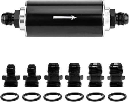 58mm 30 Micron Inline Fuel Filter 6AN 8AN 10AN Aluminum Fuel/Gas/Petrol Filter Adapter Fittings Universal Cleanable Black