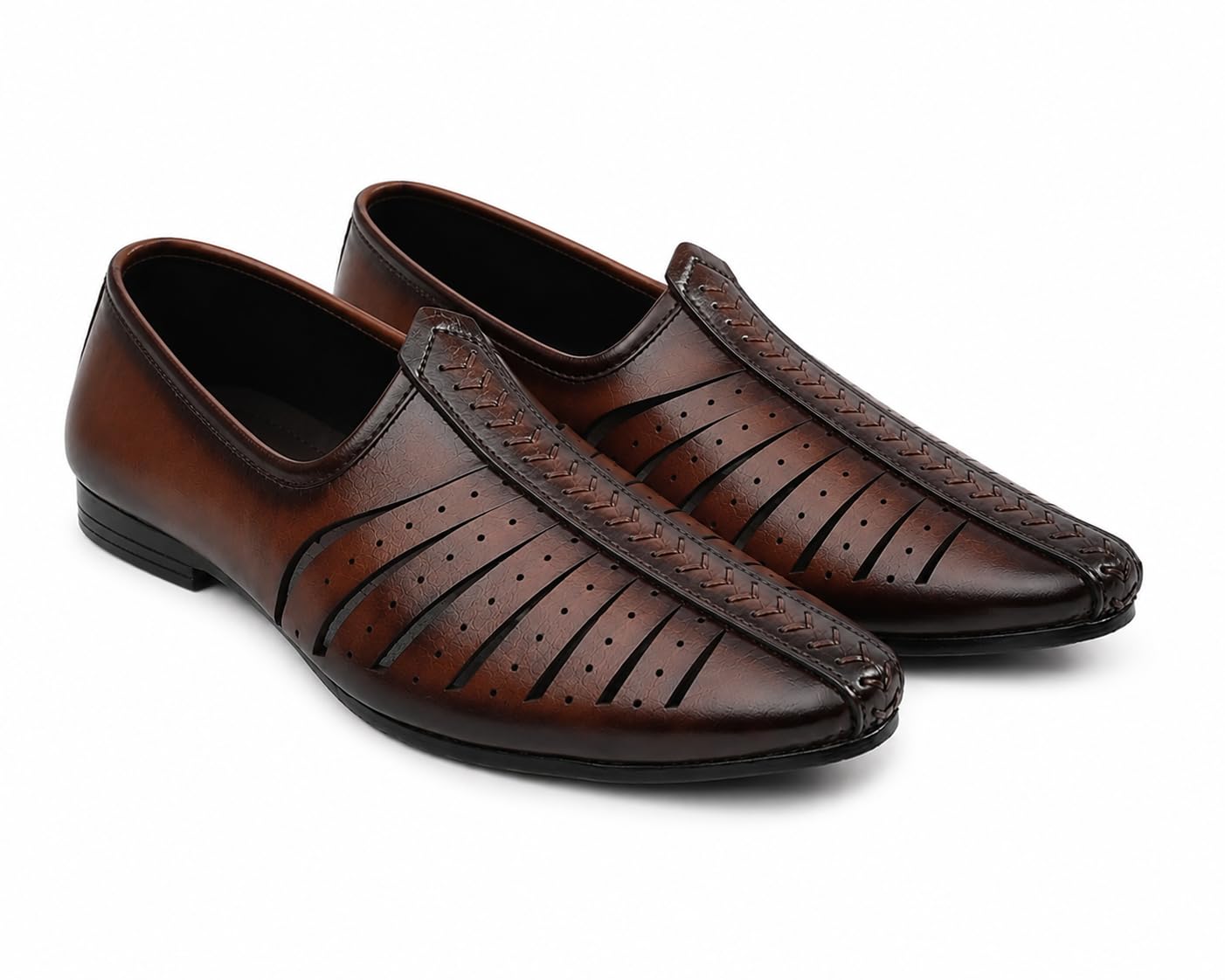 Men's Ethnic Punjabi Jutti Mojari Shoes | Traditional Slip-On Wedding Loafers for Men | Brown Faux Leather Handmade Jutti for Wedding, Party for Boys-image-1