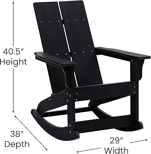 Miniatura 3 de Flash Furniture Finn Modern - Mecedora Adirondack de madera de poliresina de grado comercial, poliestireno negro para todo tipo de clima, respaldo