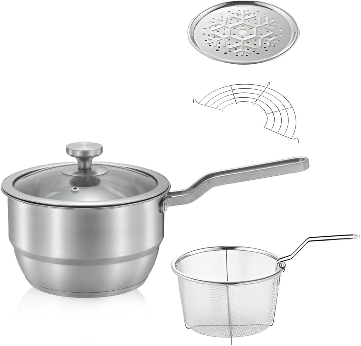 AIZYR Saucepans with Steamer Stainless Steel Deep Fryer Pot, Soup Pot with Lid and Basket Multipurpose Cooking Pot for French Fries Spaghetti Soup,20cm