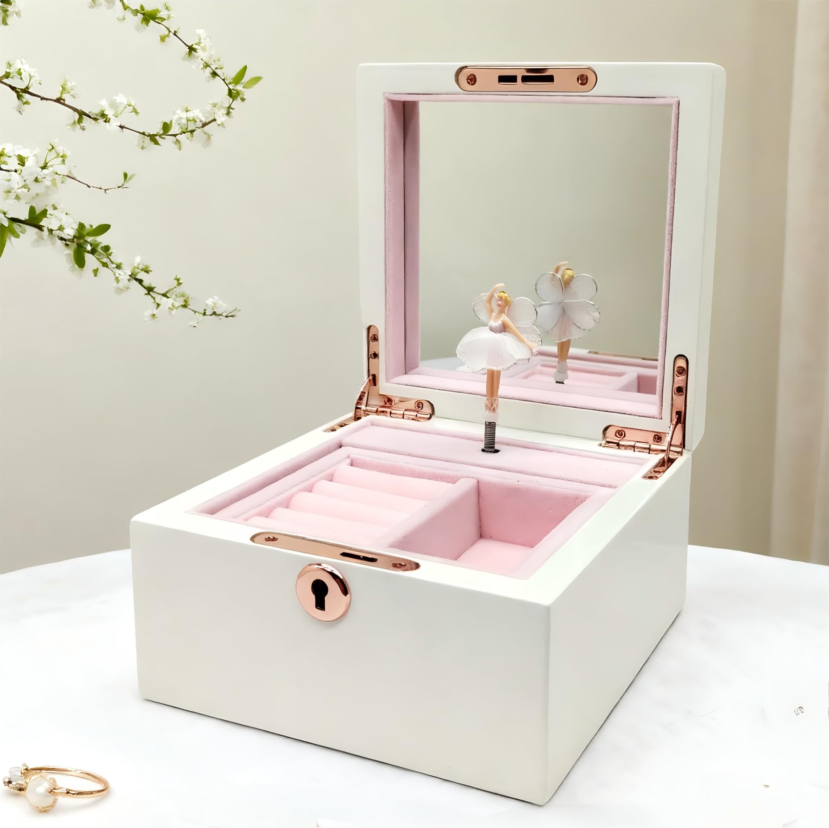 Boîte à bijoux musicale en bois blanc pour filles et femmes, boîte de rangement à bijoux, coffre à musique, cadeaux pour Noël, anniversaire, Saint-Valentin et toutes les fêtes - Finition