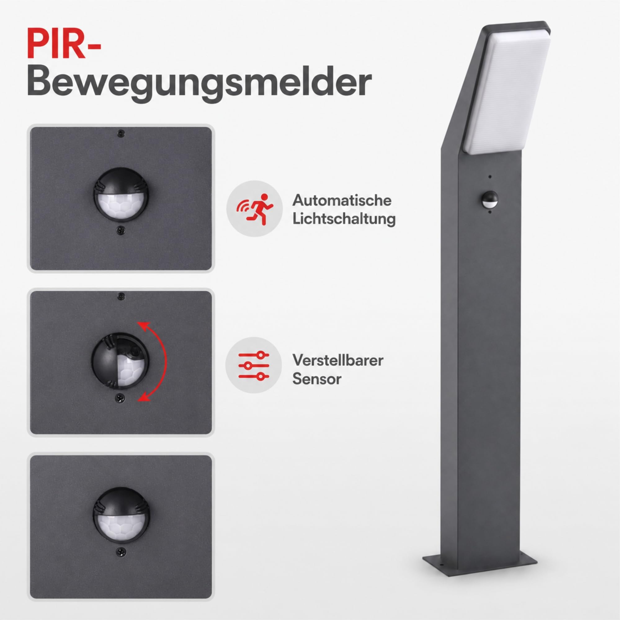 Maxkomfort EVA Wegeleuchte LED Anthrazit mit Bewegungsmelder - 12W Warmweiß IP65 Wetterfest 230V Aluminium Sensor Pollerleuchte & Standleuchte für Außen Garten Terrasse & Einfahrt