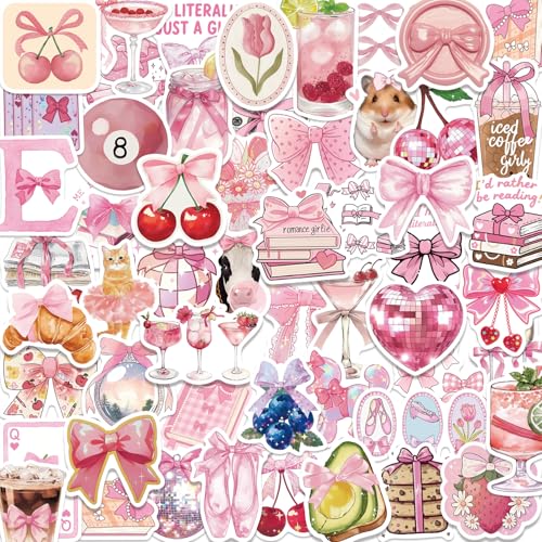 50PCS Pink Aesthetic Stickers Holographic Coquette Cute Stickers Pink Party Favors Bow Tie Decorations Laptop Vinyl Waterproof Sticker Pack