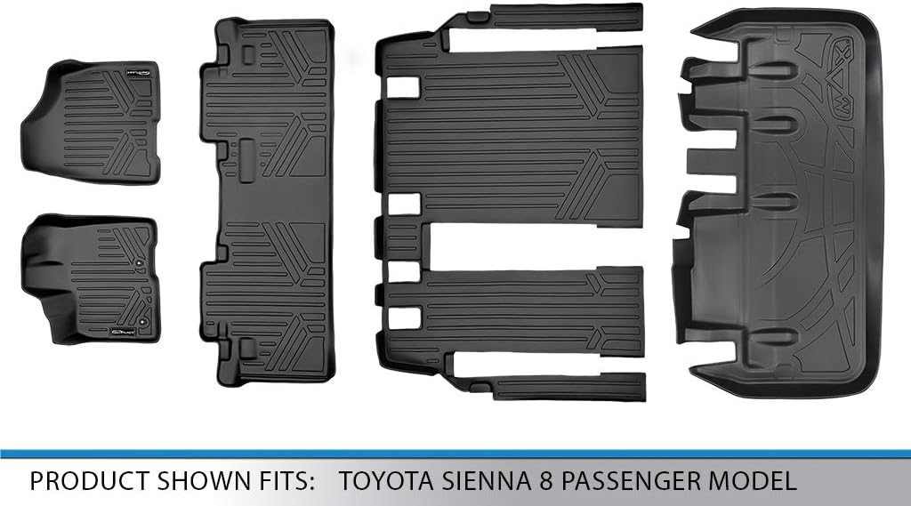 SMARTLINER Custom Floor Mats 3 Rows and Cargo Liner Behind 3rd Row Set Black for 2011-2012 Toyota Sienna 8 Passenger Model