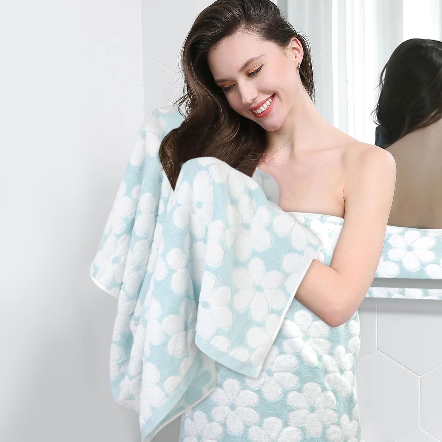Jacquotha Lot de 2 Serviettes de Bain en Coton pour décoration de Salle de Bain avec Jacquard Floral, Super Douces et absorbantes, Grande Taille, 69,9 x 140,7 cm