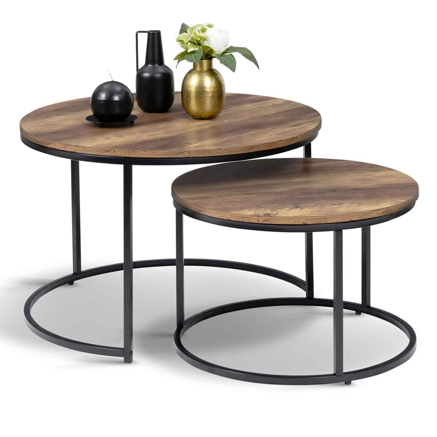 IDMarket - Lot de 2 Tables Basses gigognes Hawkins Rondes 54/70 Bois foncé Design Industriel