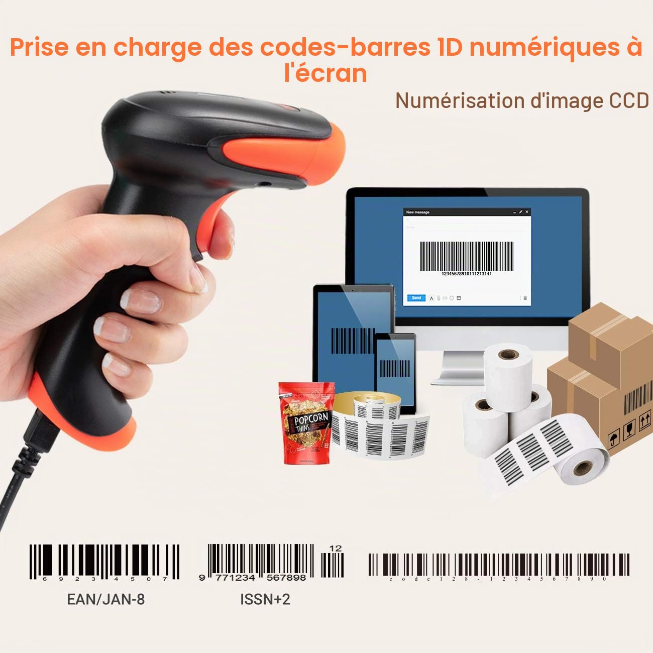 Tera Lecteur Filaire de Codes Barres 1500 Pixel CCD USB Douchette Scanner de Codes Barres Linéaire 1D Scan Rapide et Précis pour Code sur Ecran Digital, Modèle 1500C
