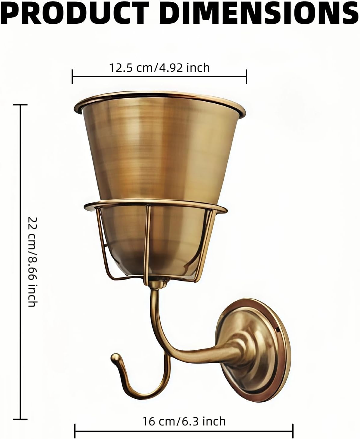 Wall Vase, Iron Wall Planter with Versatile Hook - Indoor/Outdoor Plant Holder for Live or Artificial Flowers, Keys and Decorations, with Spiral Flower Stem Holder and Screws (Gold)