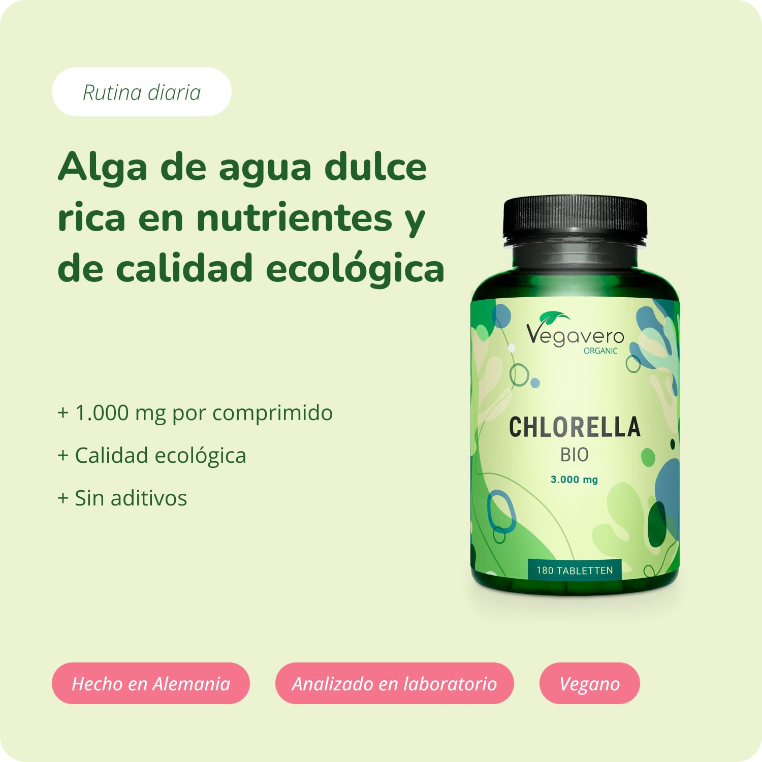 Chlorella BIO Vegavero | 3000 mg Dosis Diaria | Sin Aditivos & Orgánica | 180 Comprimidos | Vegano | Chlorela Vulgaris Ecológica