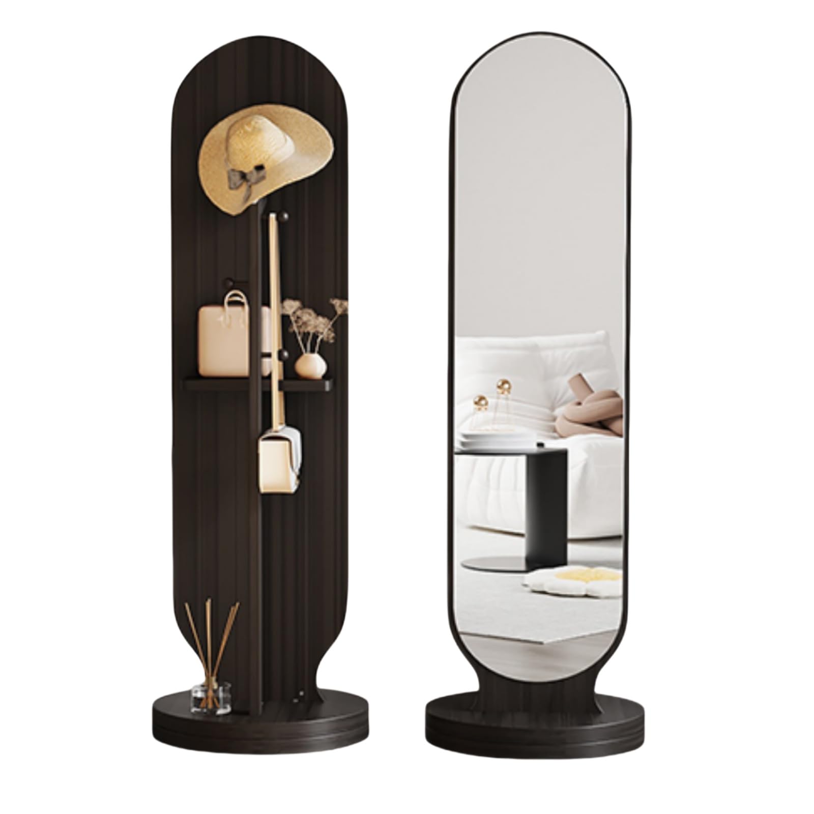 Specchio a figura intera con appendiabiti, girevole a 360°, nero, 36 x 168 cm, autoportante, con ganci per appenderlo, per camera da letto e guardaroba