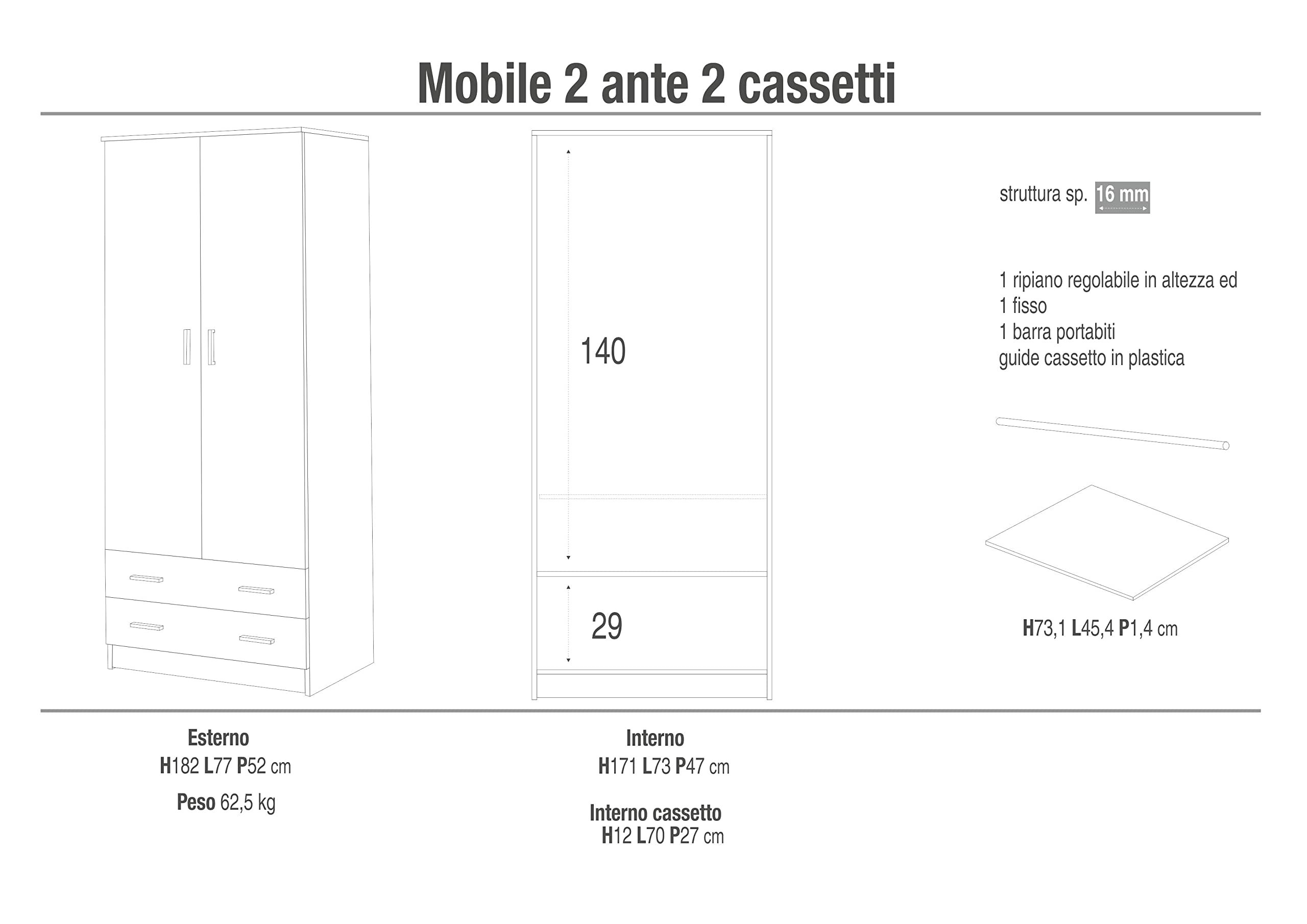 Armadio guardaroba 2 ante 2 cassetti laminato Eucalipto 77x52x182 cm