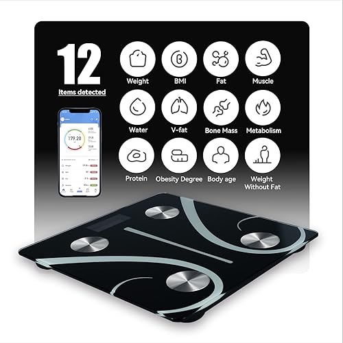 Miniatura 3 de Báscula digital de baño, báscula inteligente con pantalla LED grande y diseño de esquina redonda, precisa a 0.0 lbs0.05 libras, báscula de grasa