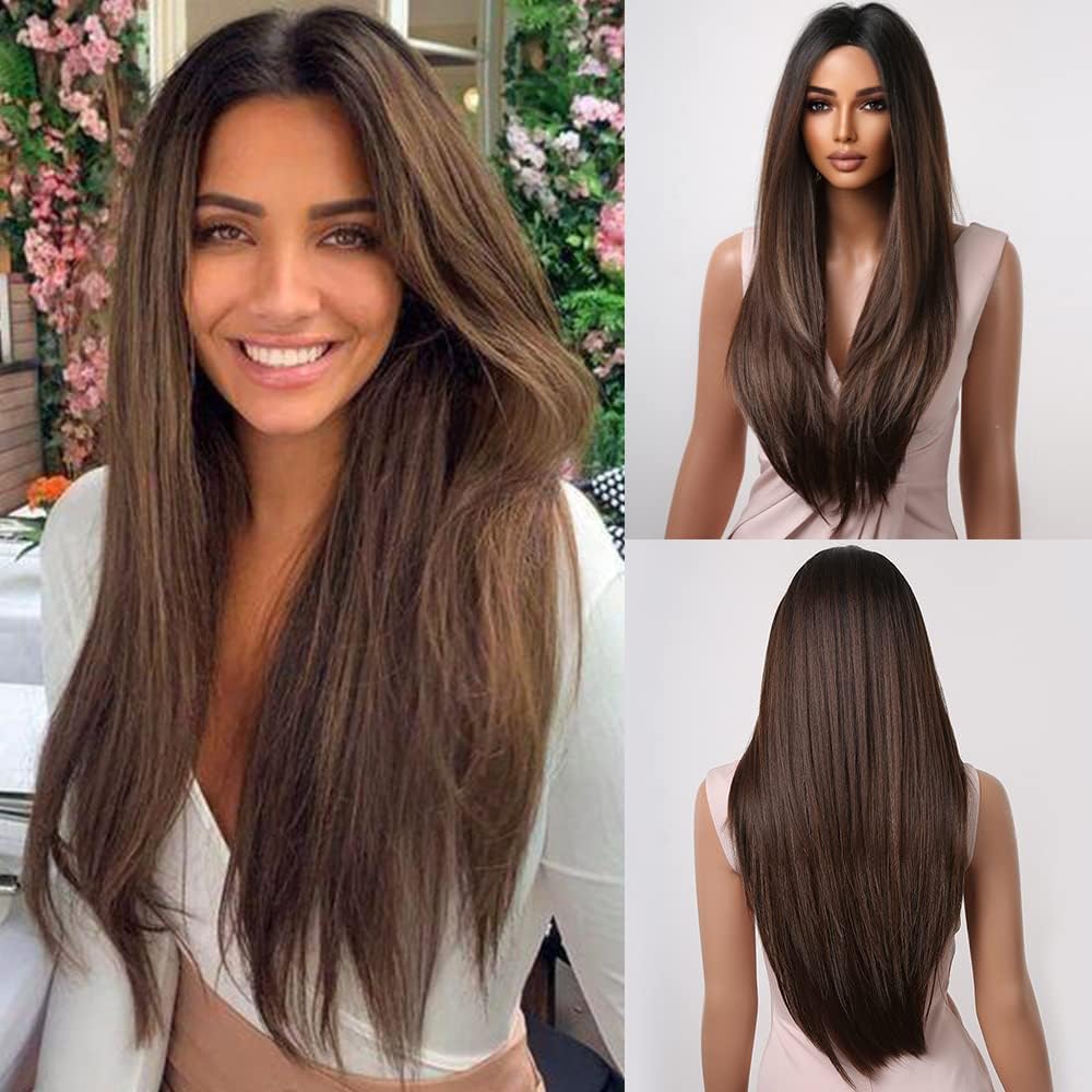Allbell Brown Wig for Black Women Long Straight Layered Wigs Natural Honey Brown Hair Wigs Dark Brown Roots 24 Inch Middle Part Synthetic Wig for Girl Party Wear