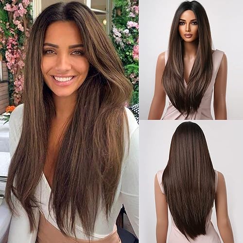 Allbell Pelucas marrones para mujer, peluca de cabello natural largo y liso en capas con raíces marrón oscuro, parte media, peluca sintética