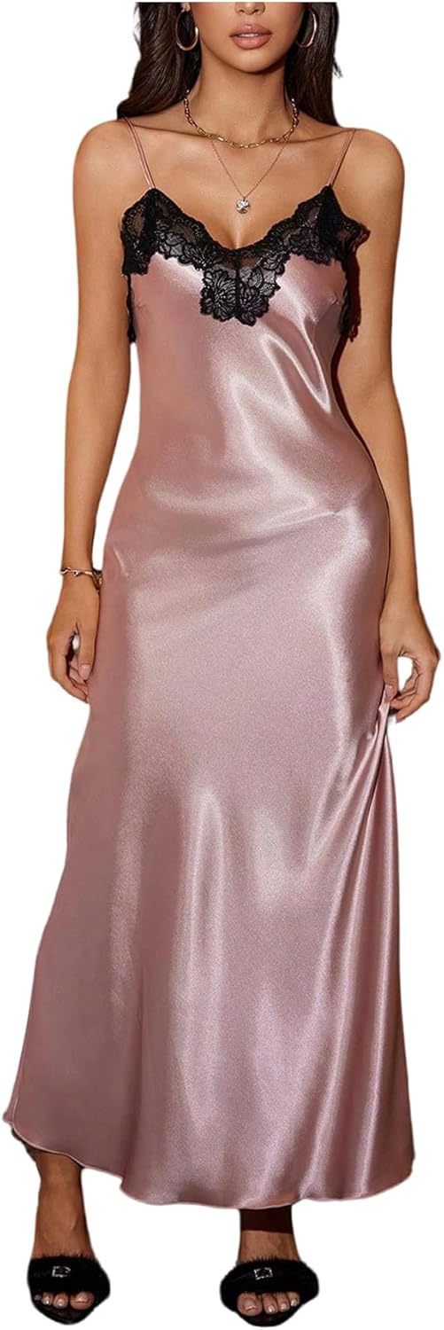 OYOANGLE Women's Floral Lace Silky Satin Nightgown Lace Up Long Nightdress Spaghetti Strap Nightie