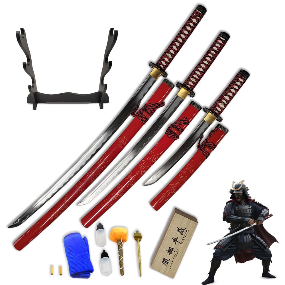 Handgeschmiedetes Samurai Schwert Set Rot (3-teilig) | Katana, Wakizashi & Tanto aus 1050 Kohlenstoffstahl | Inkl. Ständer & Pflegeset | Traditionelles Daisho für Sammler