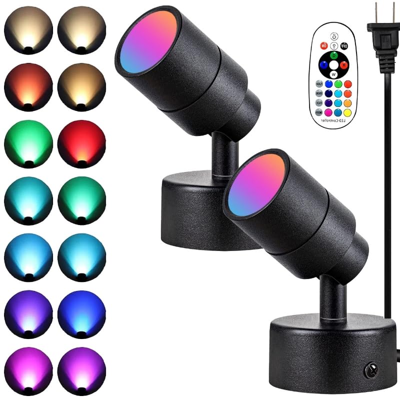 10W RGBW Color Changing Up Lights Indoor with Remote Control,16 Colors+ 3000K Warm White Floor Spotlights Indoor Uplighting for Plant Home with US Plug(2 Pack)