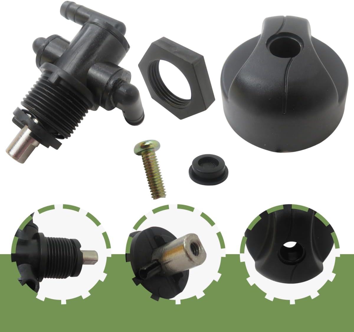 New 7052161 Fuel Tank Valve Petcock 3 Way & Knob NUT Replacement For 2002 Polaris Trail Boss 325, Replaces 5432559, Black