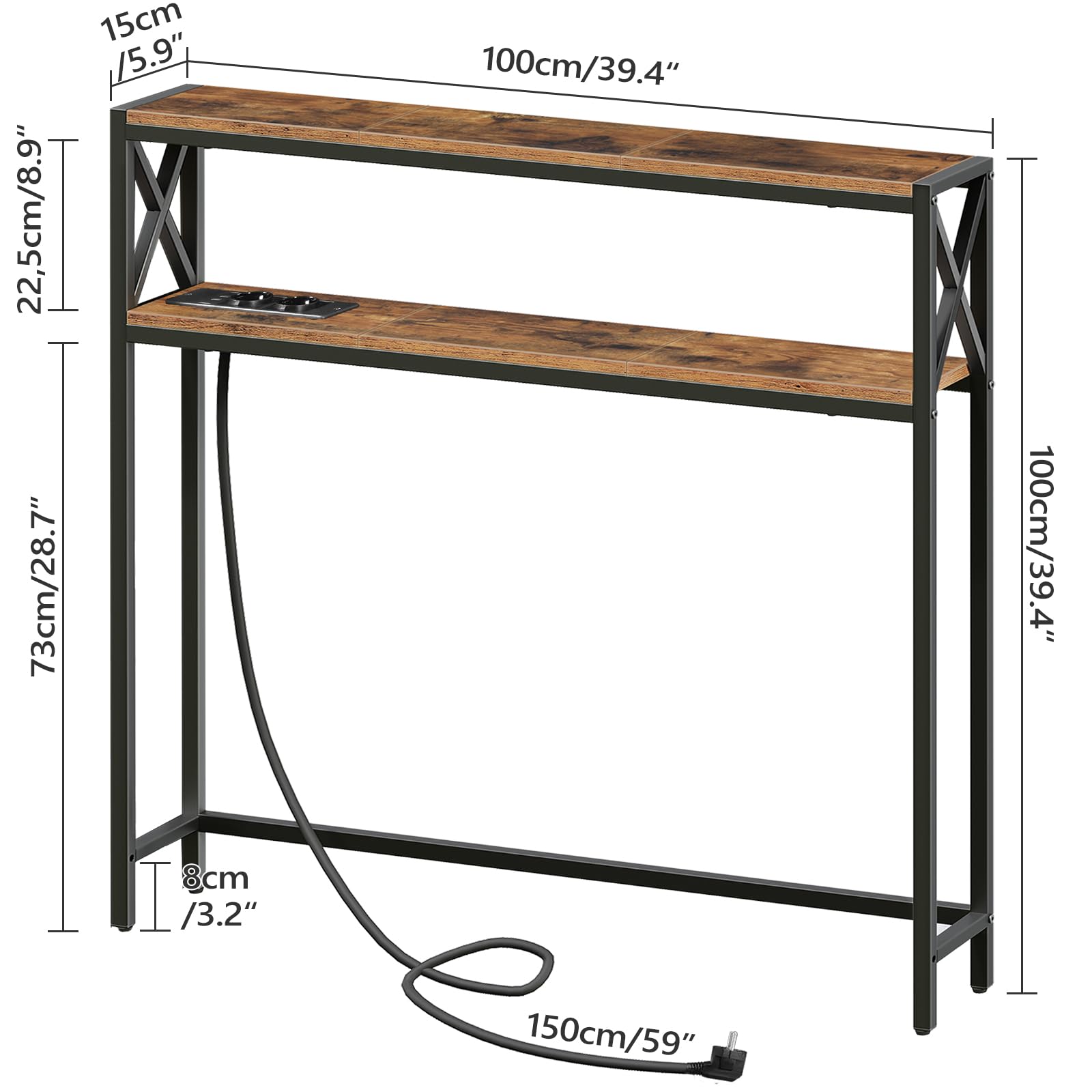 MAHANCRIS Mesa de Entrada Doble de 100 cm, Table Console con 2 Enchufes y 2 Puertos USB, Consola Auxiliar Pequeña, Mesa para Pasillo con Estantes, para Pasillo, Vestíbulo Marrón ACTHR115UE01