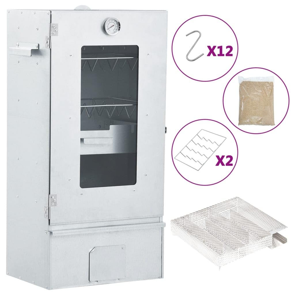 Forno affumicatore con generatore di fumo freddo, 44,5 x 29 x 83 cm, in acciaio zincato, con termometro, finestra di visualizzazione, include 1 kg di trucioli di legno per carne e pesce